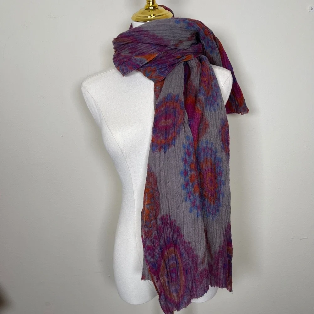 FRAAS Scarf Ikat Pattern Gray Pink Orange Blue Lightweight Boho Crinkle Gauze‎